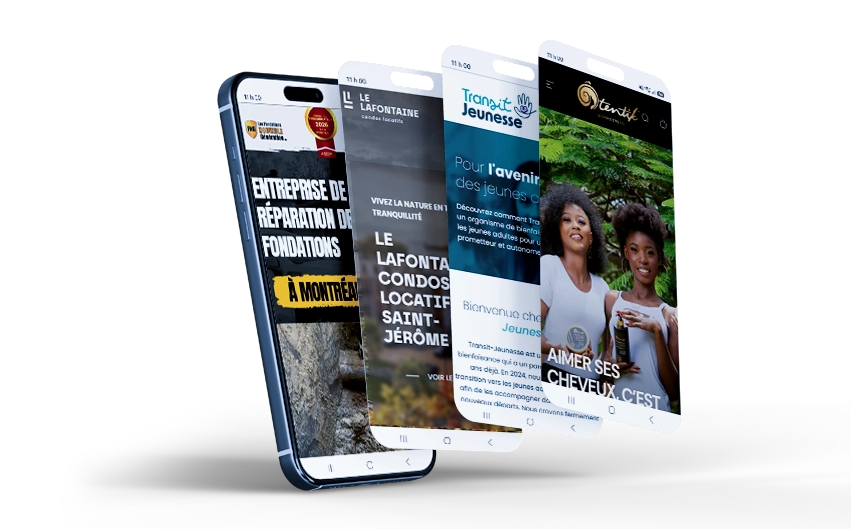 Des sites de clients de Nerd Marketing affichés sur quatre téléphones