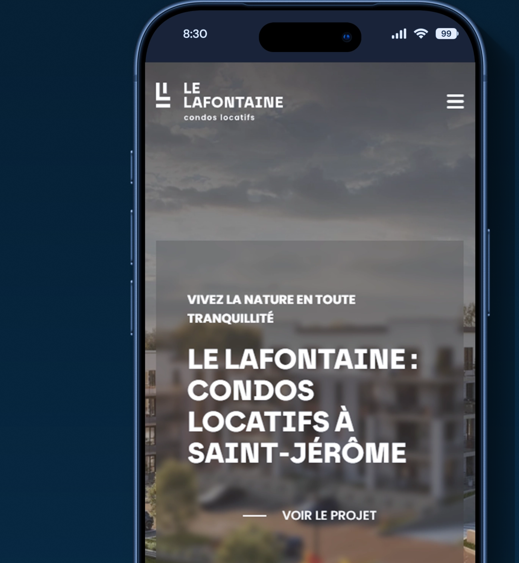 La page d’accueil mobile de Le Lafontaine : condos locatifs à Saint-Jérôme