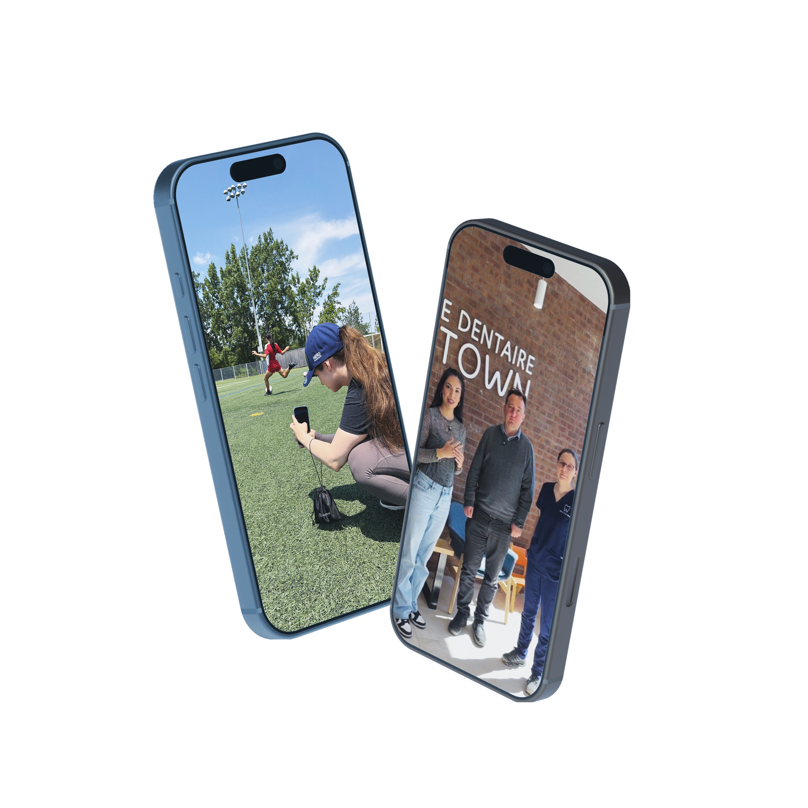 Deux téléphones montrent des capsules vidéo tournées par Nerd Marketing pour ses clients
