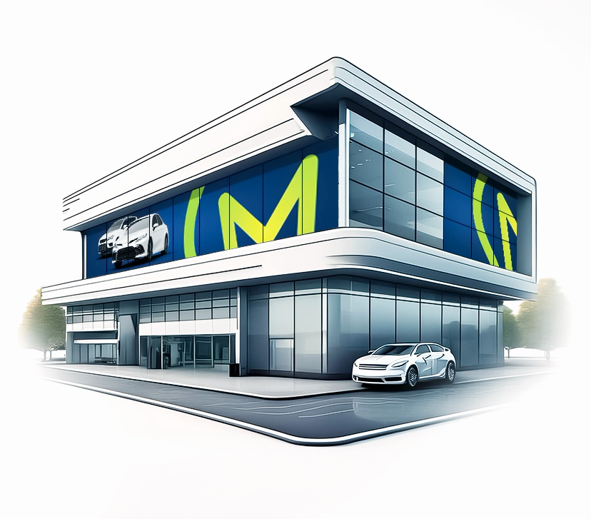 Concession automobile avec une enseigne Nerd sur la façade